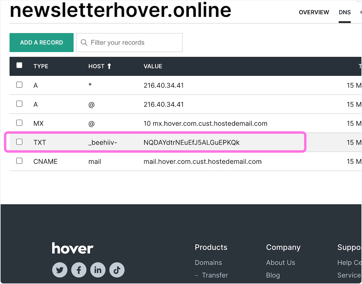 You should now see the full TXT record saved within your Hover DNS settings