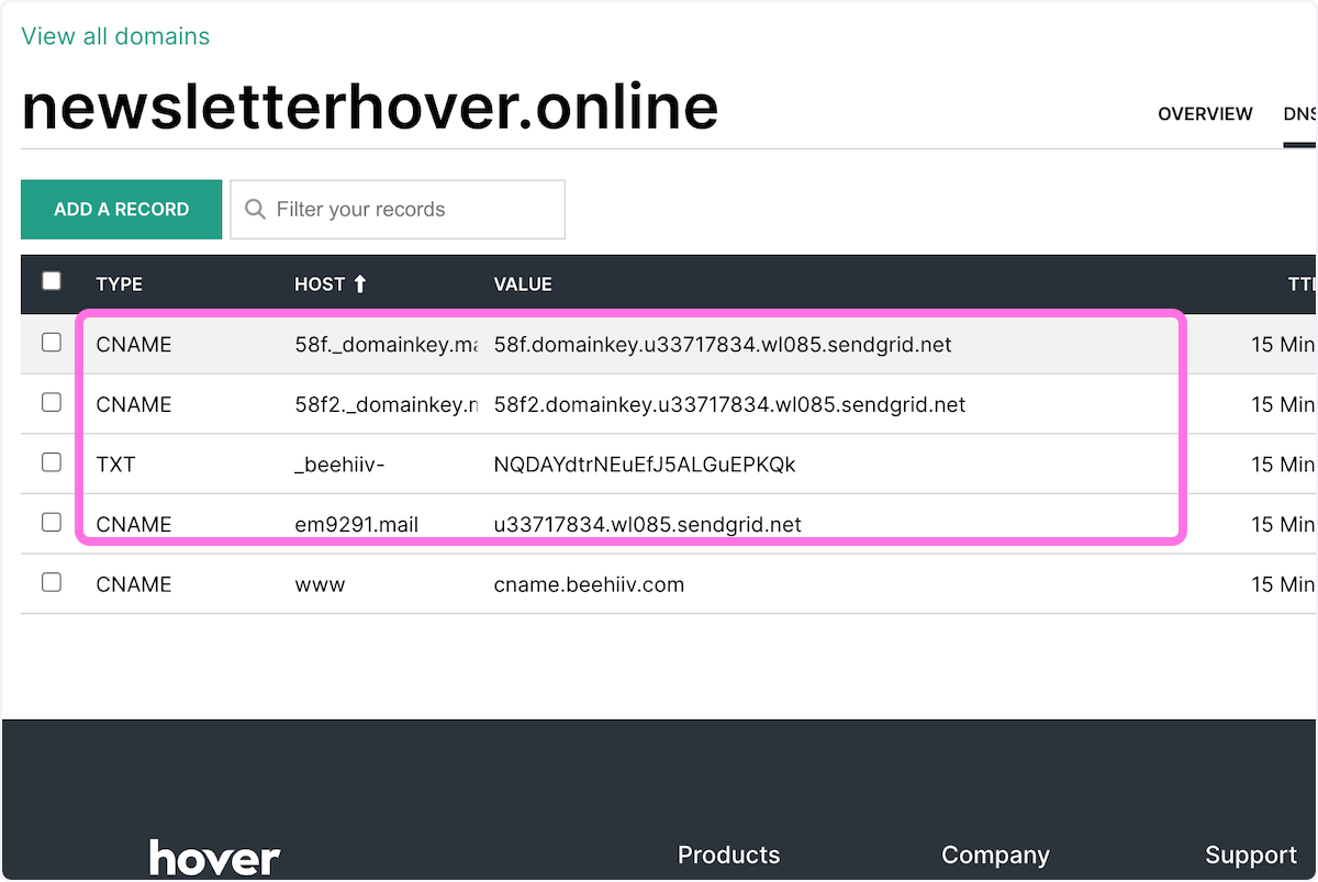 Click on Add a Record and copy over these 3 CNAME records into your hover DNS settings. 