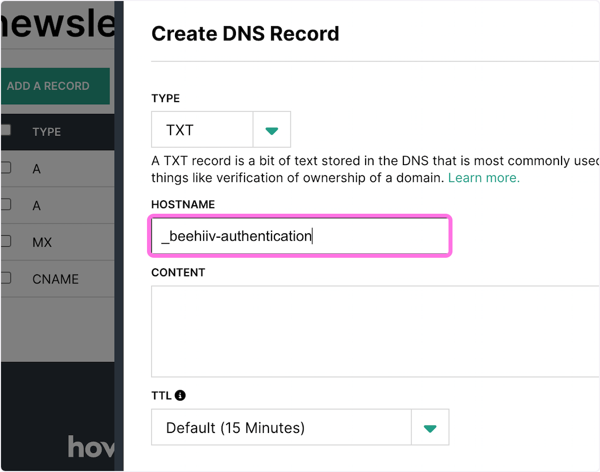 Paste within the HOSTNAME the beehiiv record