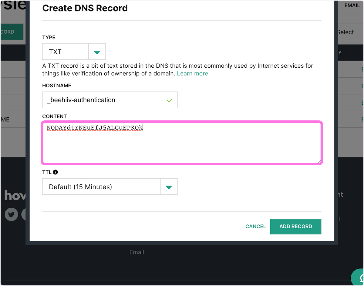 Paste in the TXT record value from beehiiv