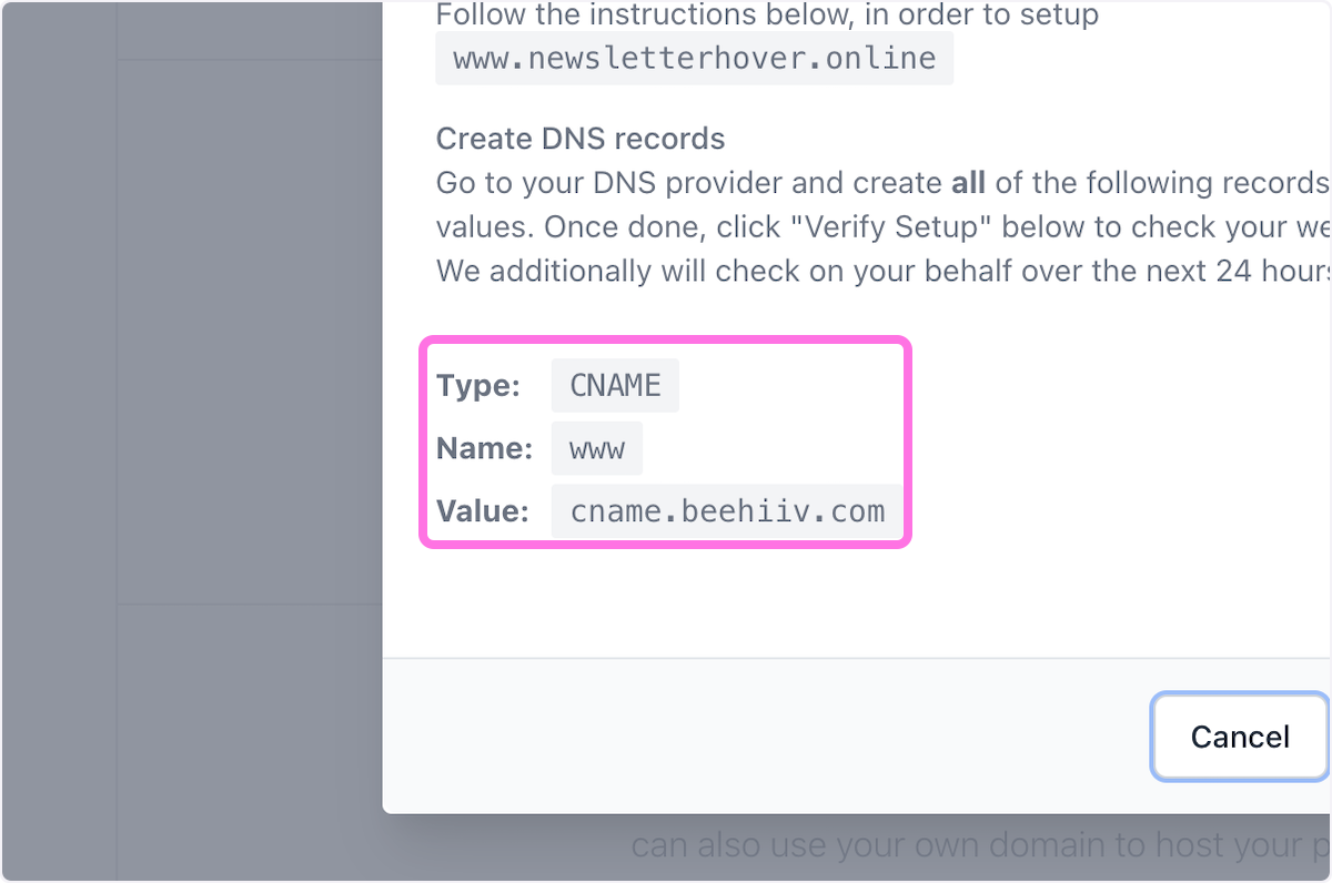 You will be given a single CNAME record to add to your Hover DNS settings